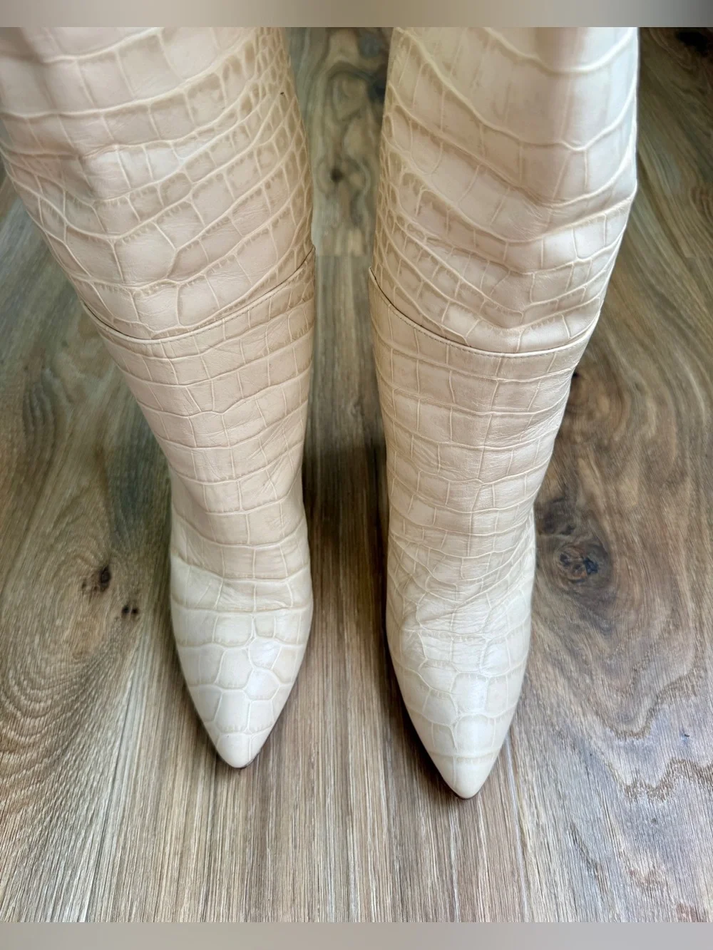 Toral Croc Embossed Knee High Boots Ivory Leather Block Heel Size 39